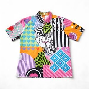 Family First Milano White Casual Shirt Size Large Pop Art Patchwork Psychedelic